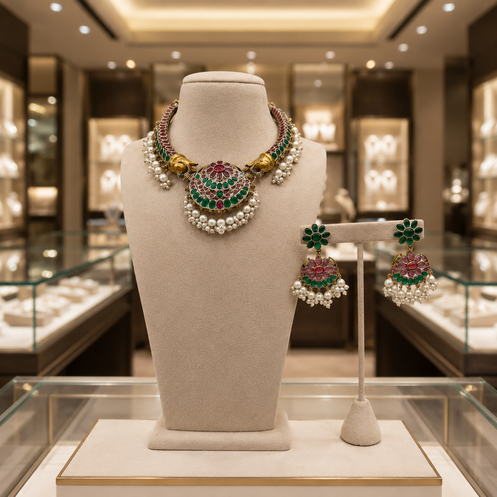 Peacock Style Green Pink Kundan Choker Set with Pearl Earrings