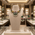 Peacock Style Green Pink Kundan Choker Set with Pearl Earrings