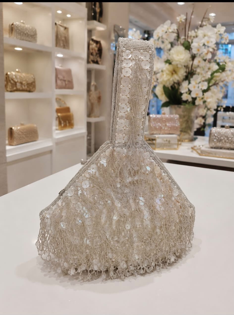 Pearl Beaded Potli Bag with Silver Embellishment