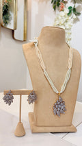 Pearl Beaded Silver Floral Pendant Necklace Set with Matching Earrings