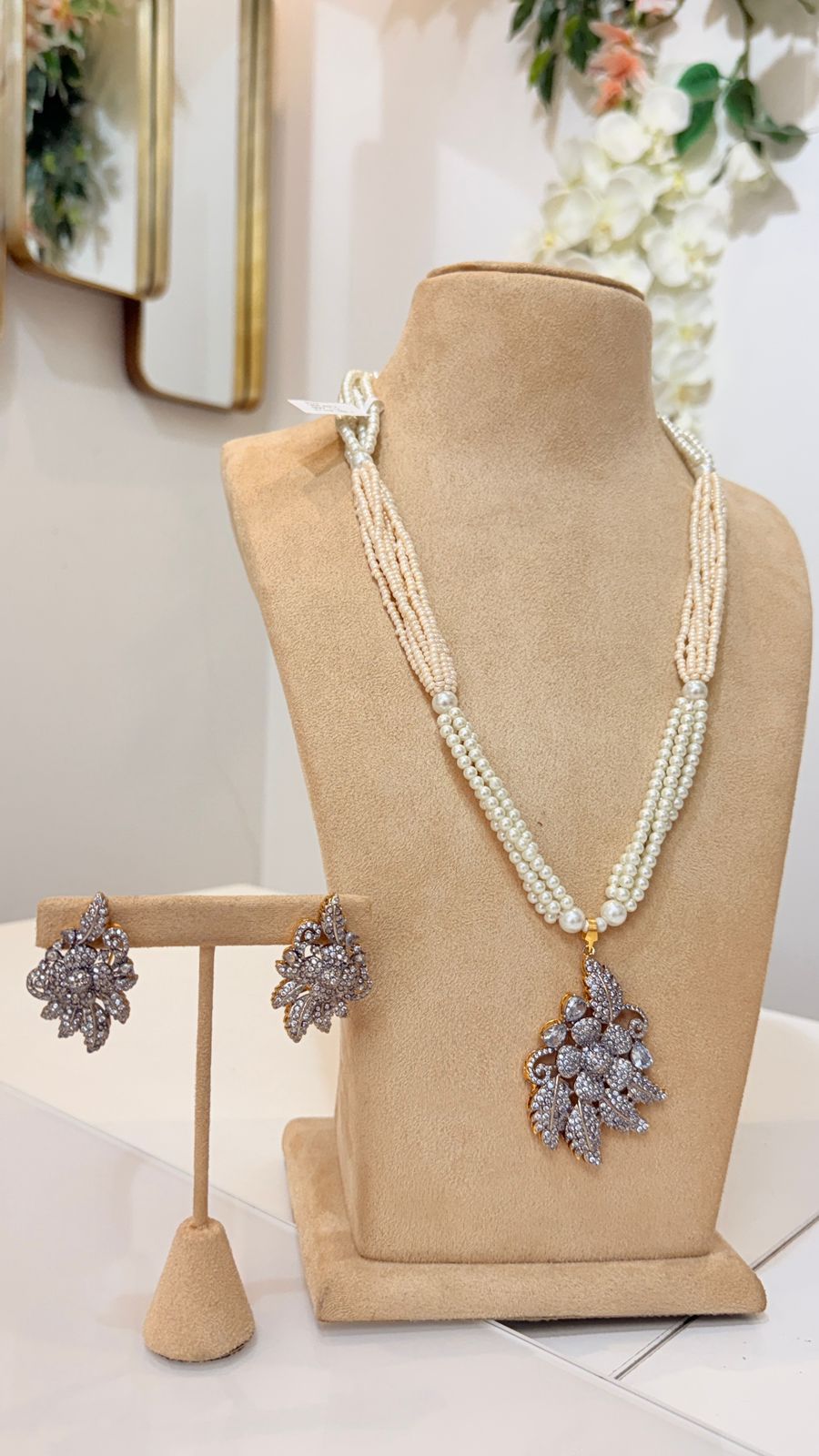 Pearl Beaded Silver Floral Pendant Necklace Set with Matching Earrings