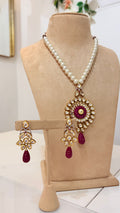 Pearl Necklace Set with Magenta Kundan Pendant and Matching Earrings