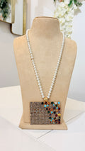 Pearl Necklace with Multicolour Square Statement Pendant