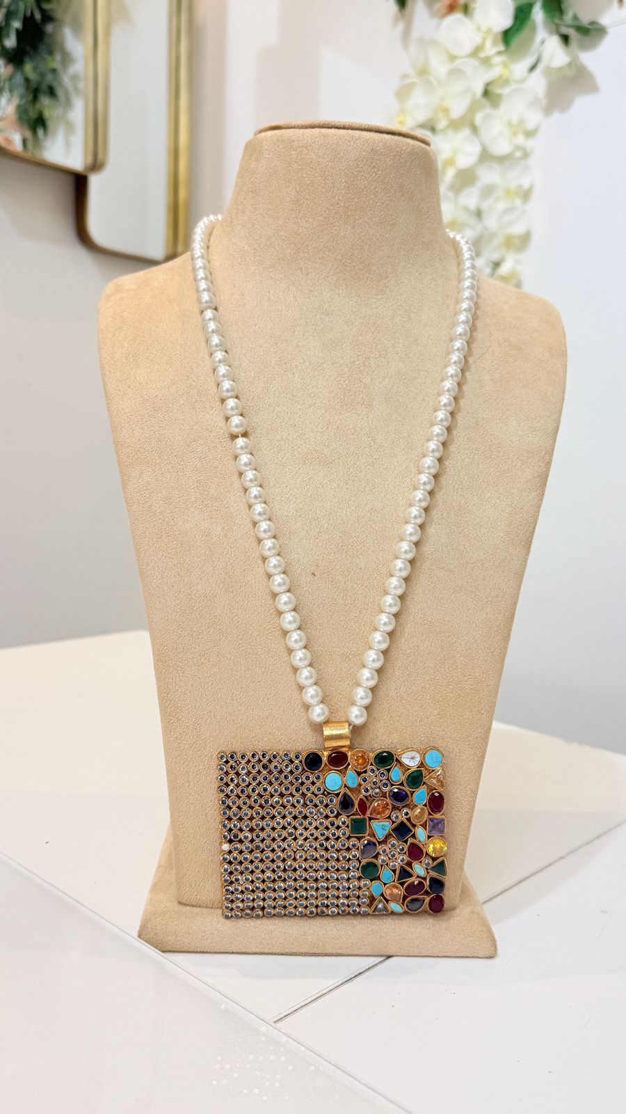 Pearl Necklace with Multicolour Square Statement Pendant