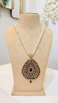 Pearl Necklace with Navy Blue Peacock Statement Pendant