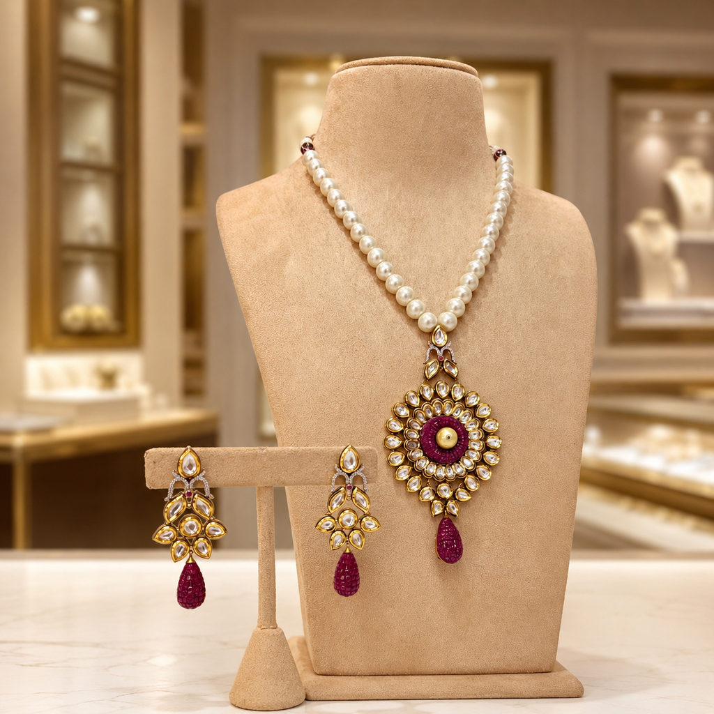Pearl Necklace Set with Magenta Kundan Pendant and Matching Earrings
