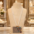 Pearl Necklace with Multicolour Square Statement Pendant