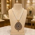 Pearl Necklace with Navy Blue Peacock Statement Pendant