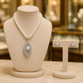 Pearl and Marquise-Cut Crystal Halo Pendant Set in Silver