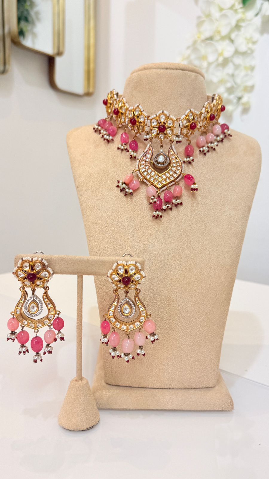 Pink Bead Kundan Choker Set with Matching Chandbali Earrings