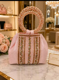 Pink Embellished Handbag with Rose Gold Circle Handle