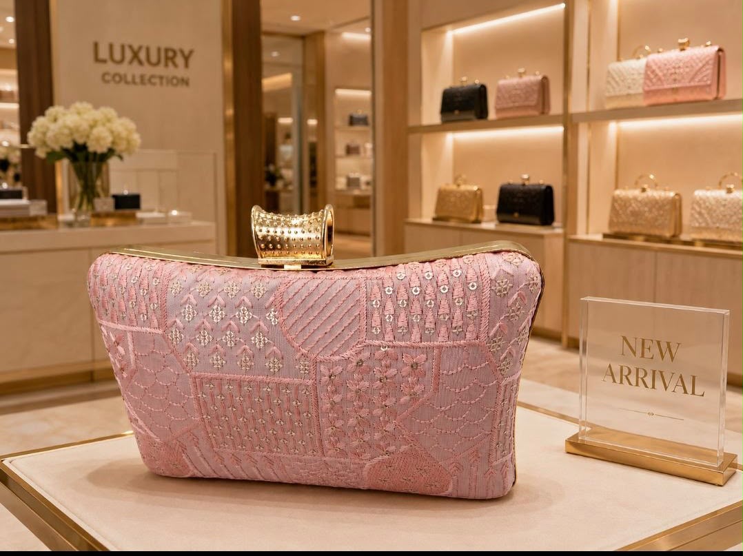 Pink Embroidered Satin Clutch Bag