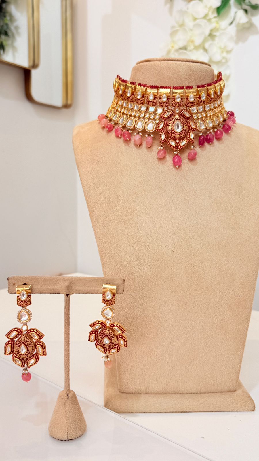 Pink Gold Kundan Choker Set with Matching Earrings