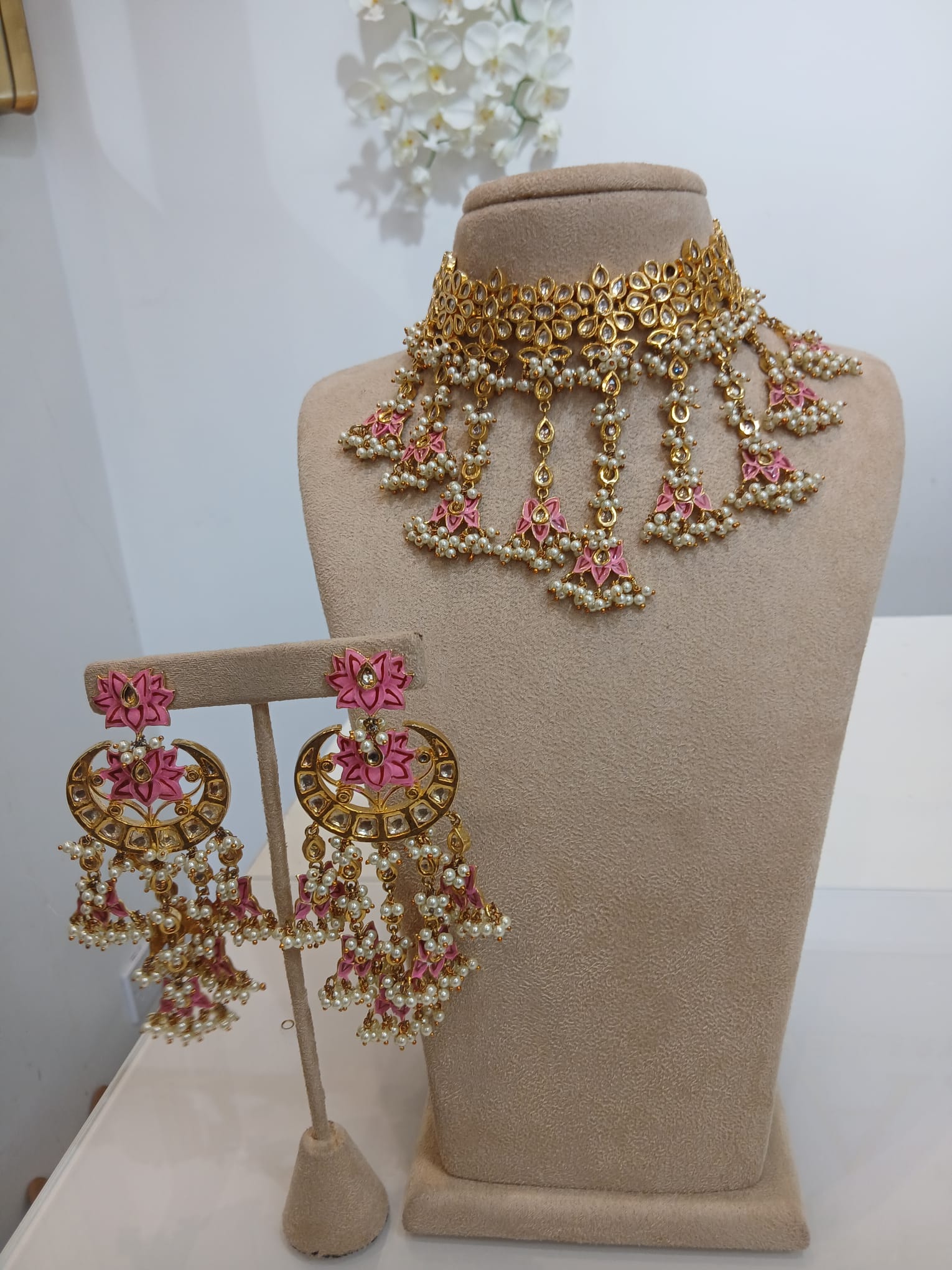 Pink Lotus Gold Choker Set with Pearl Jhumka Earrings