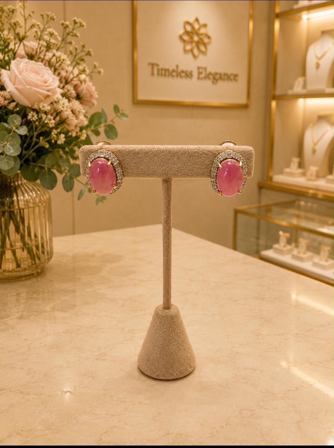 Pink Oval Stone Stud Earrings