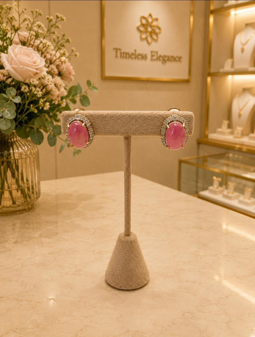 Pink Oval Stone Stud Earrings for Women