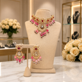 Pink Bead Kundan Choker Set with Matching Chandbali Earrings