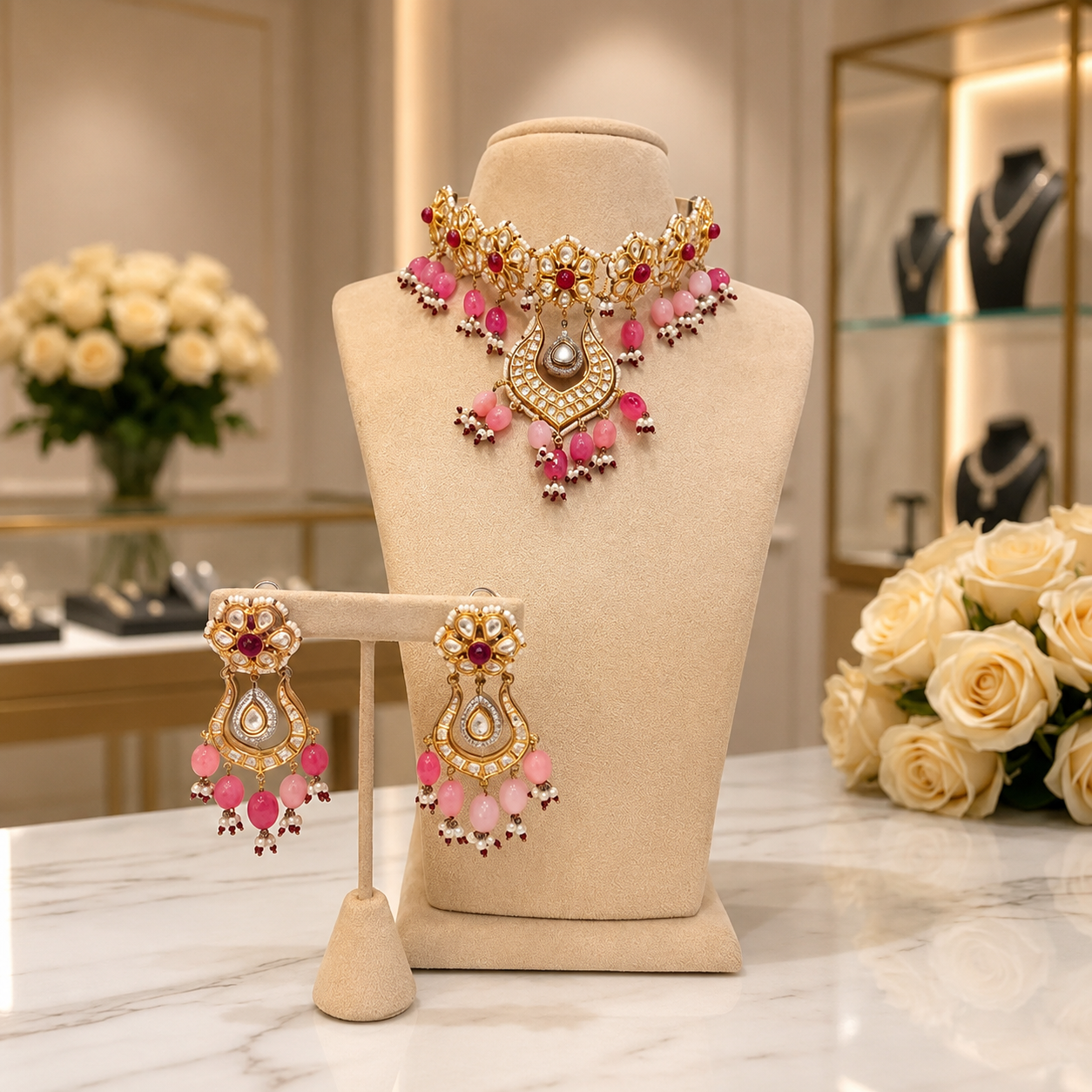 Pink Bead Kundan Choker Set with Matching Chandbali Earrings
