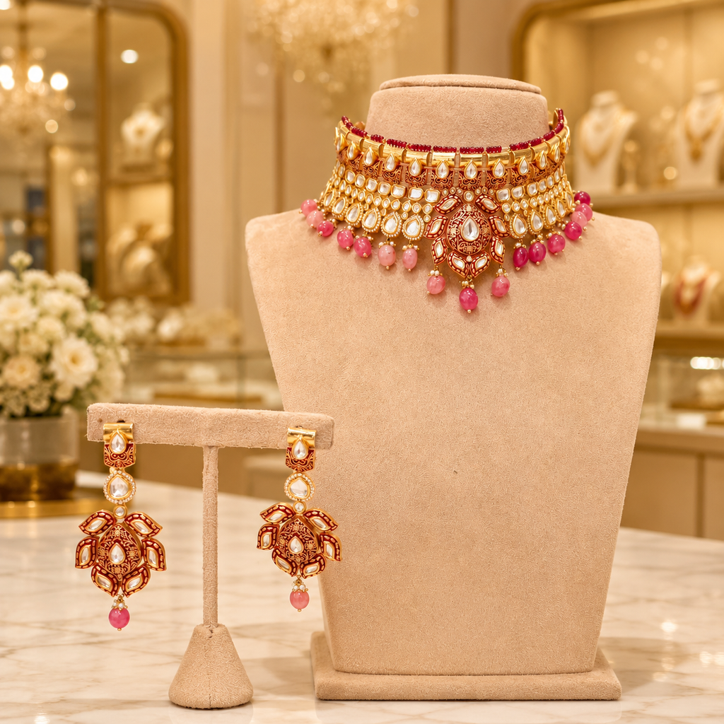 Pink Gold Kundan Choker Set with Matching Earrings