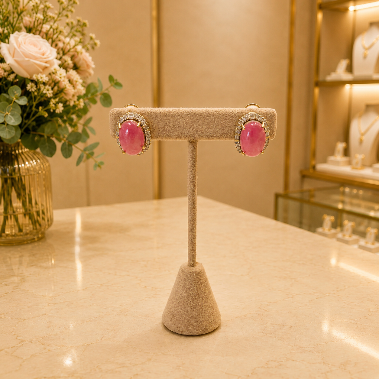 Pink Oval Stone Stud Earrings
