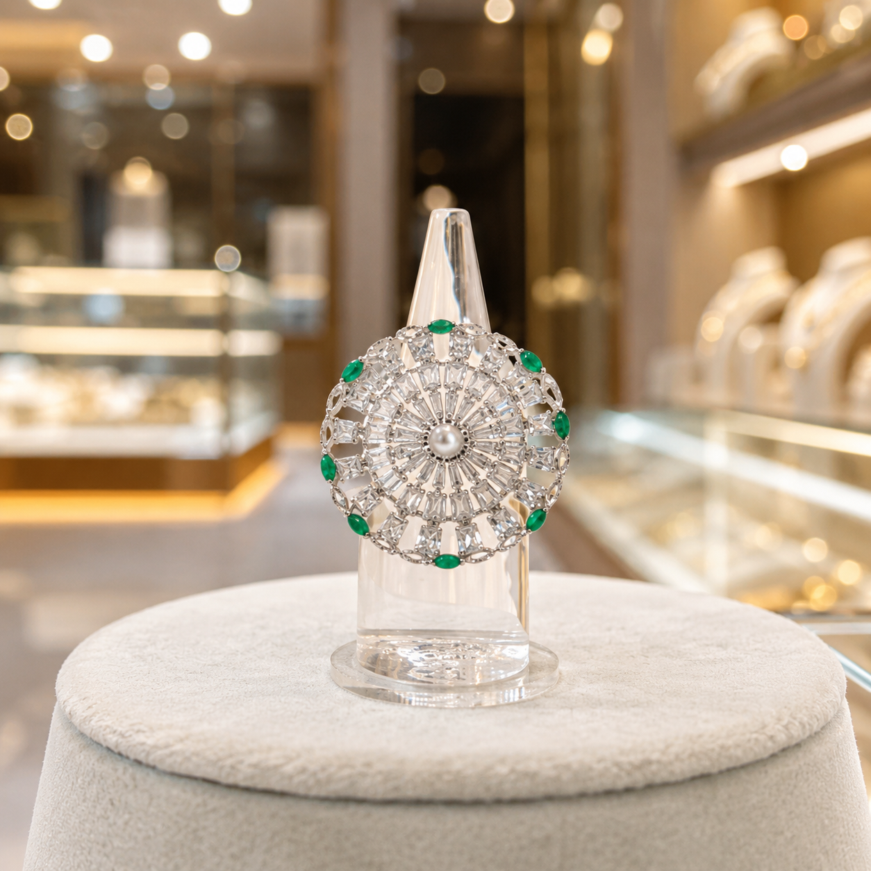 Silver-Tone Green & Clear Crystal Floral Statement Ring