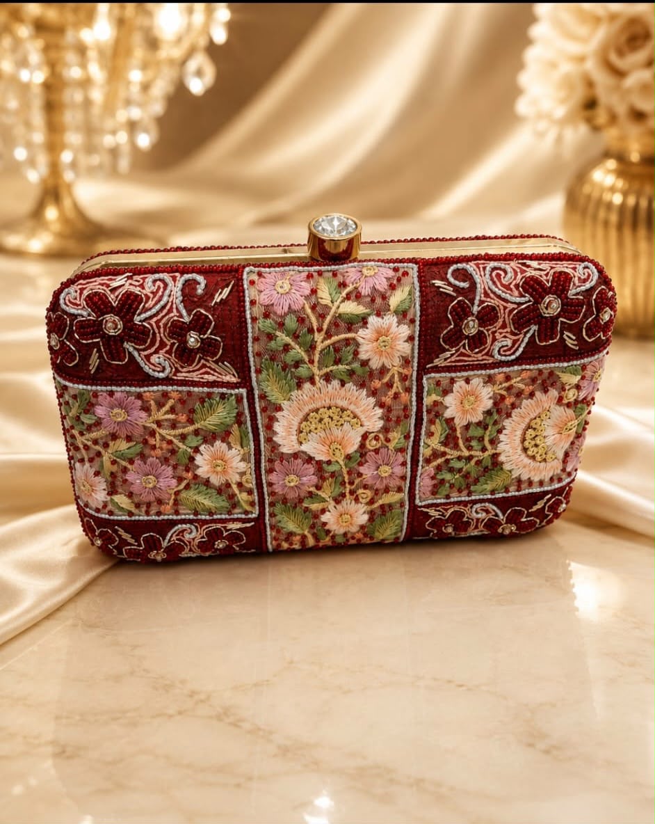 Red Floral Embroidered Clutch Bag