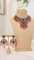 Rose Pink Antique Kundan Necklace Set with Statement Earrings