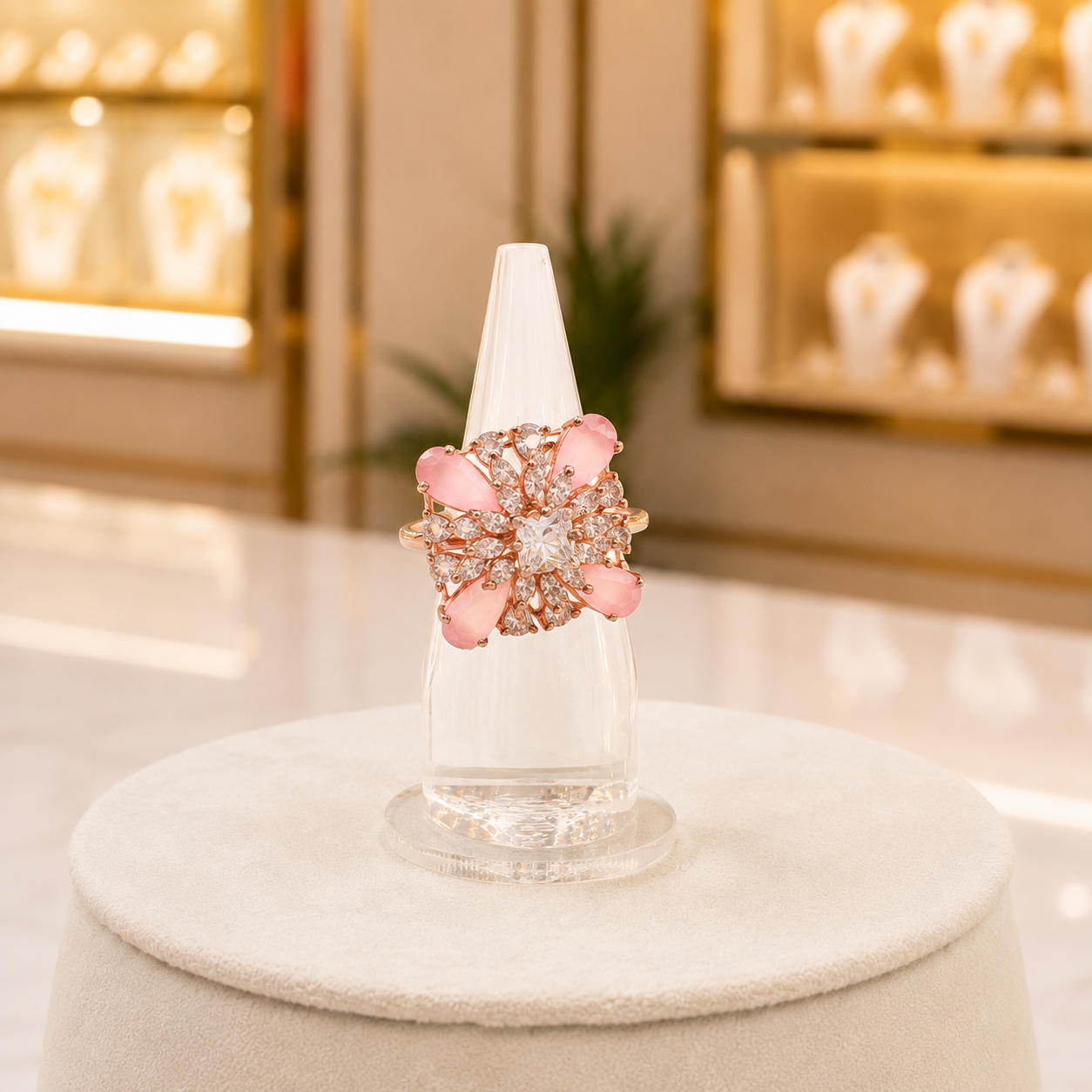 Rose Gold-Tone Pink & Clear Floral Cluster Ring