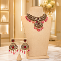 Rose Pink Antique Kundan Necklace Set with Statement Earrings