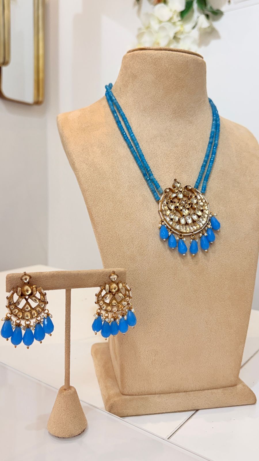 Royal Blue Beaded Kundan Pendant Necklace Set with Matching Earrings