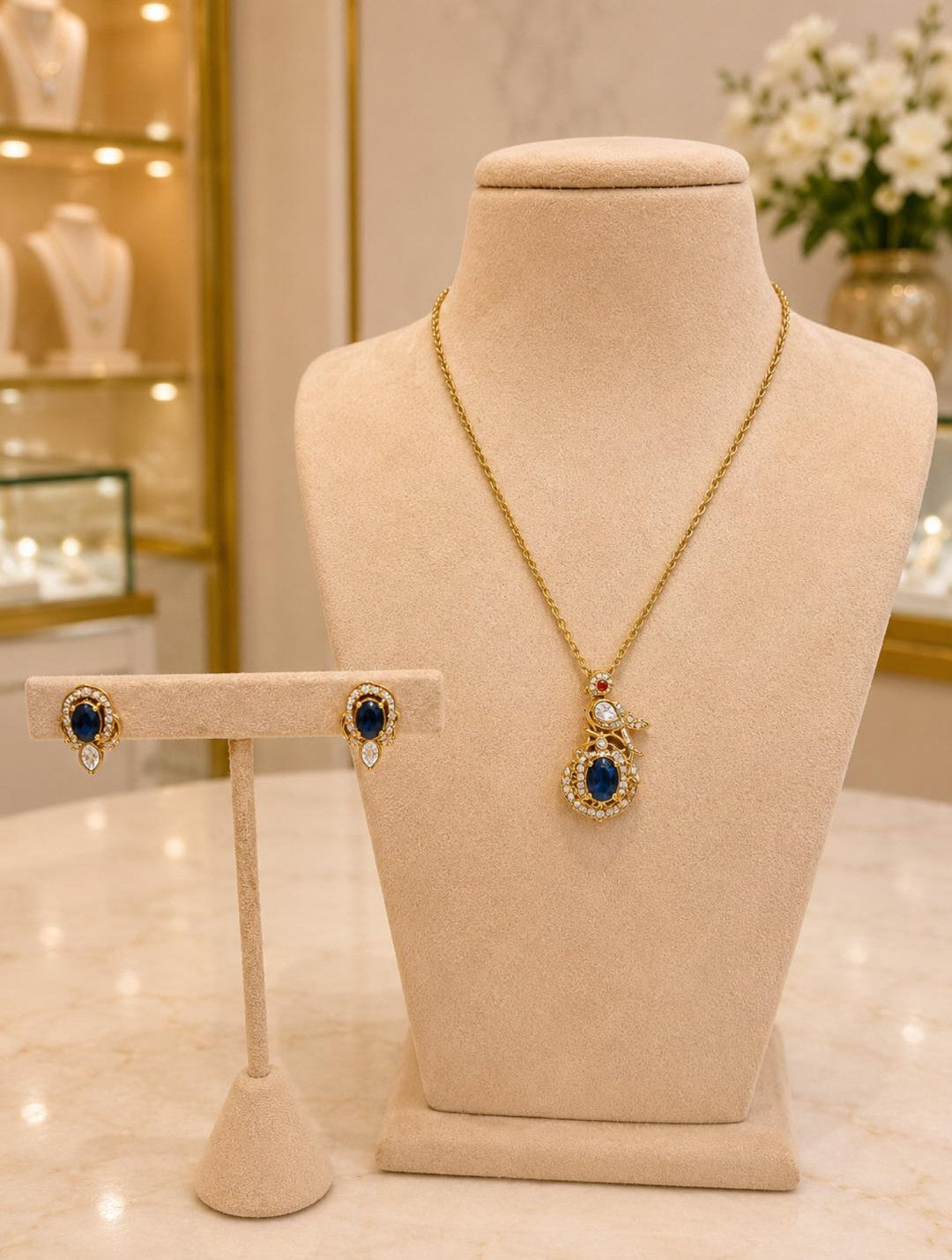 Royal Blue Pendant Necklace Set with Matching Earrings