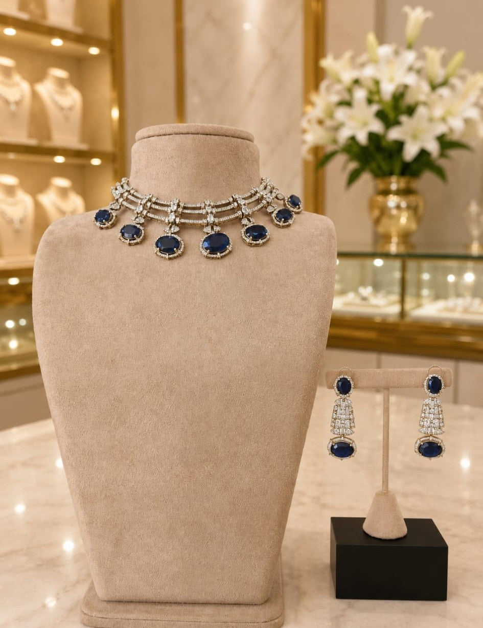 Royal Blue Stone Choker Necklace Set with Matching Earrings