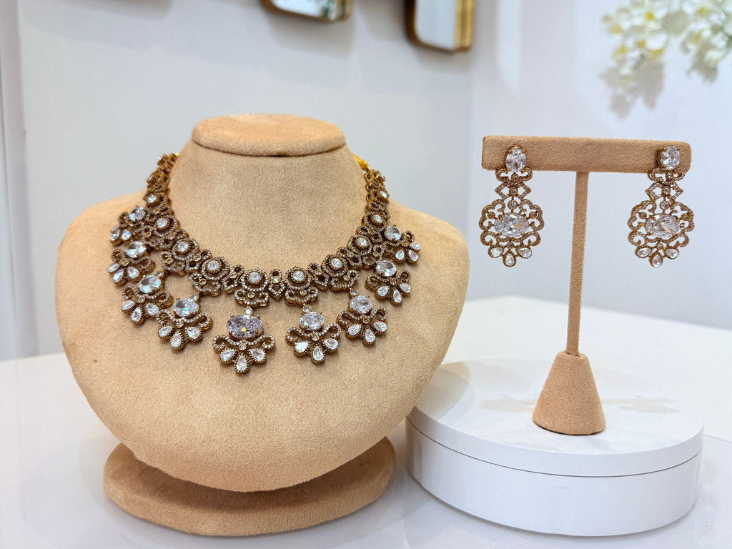 Royal Gold Crystal Statement Necklace & Earrings Set – Bridal Luxury Collection