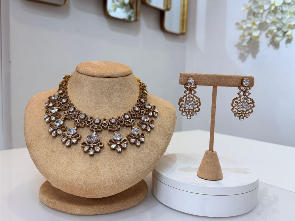 Royal Gold Crystal Statement Necklace & Earrings Set – Bridal Luxury Collection