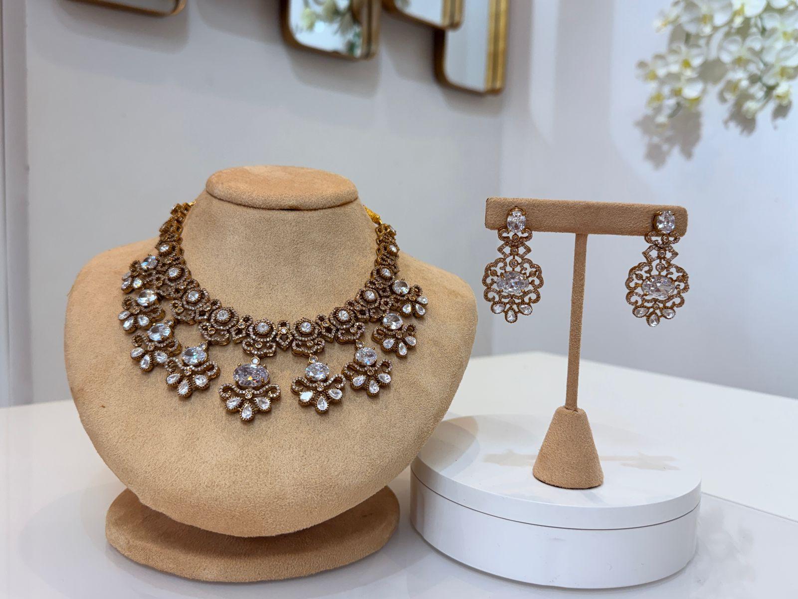Royal Gold Crystal Statement Necklace & Earrings Set – Bridal Luxury Collection