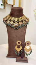 Royal Gold Kundan Choker Necklace Set with Green Bead Drops and Matching Earrings