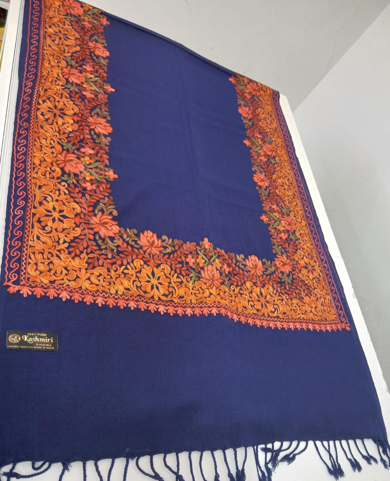 Royal Sapphire Kashmiri Floral Border Shawl Wrap