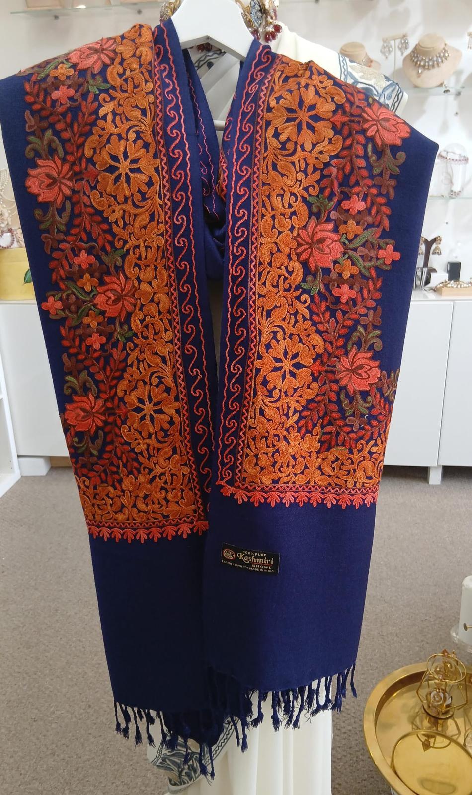 Royal Sapphire Kashmiri Floral Border Shawl Wrap