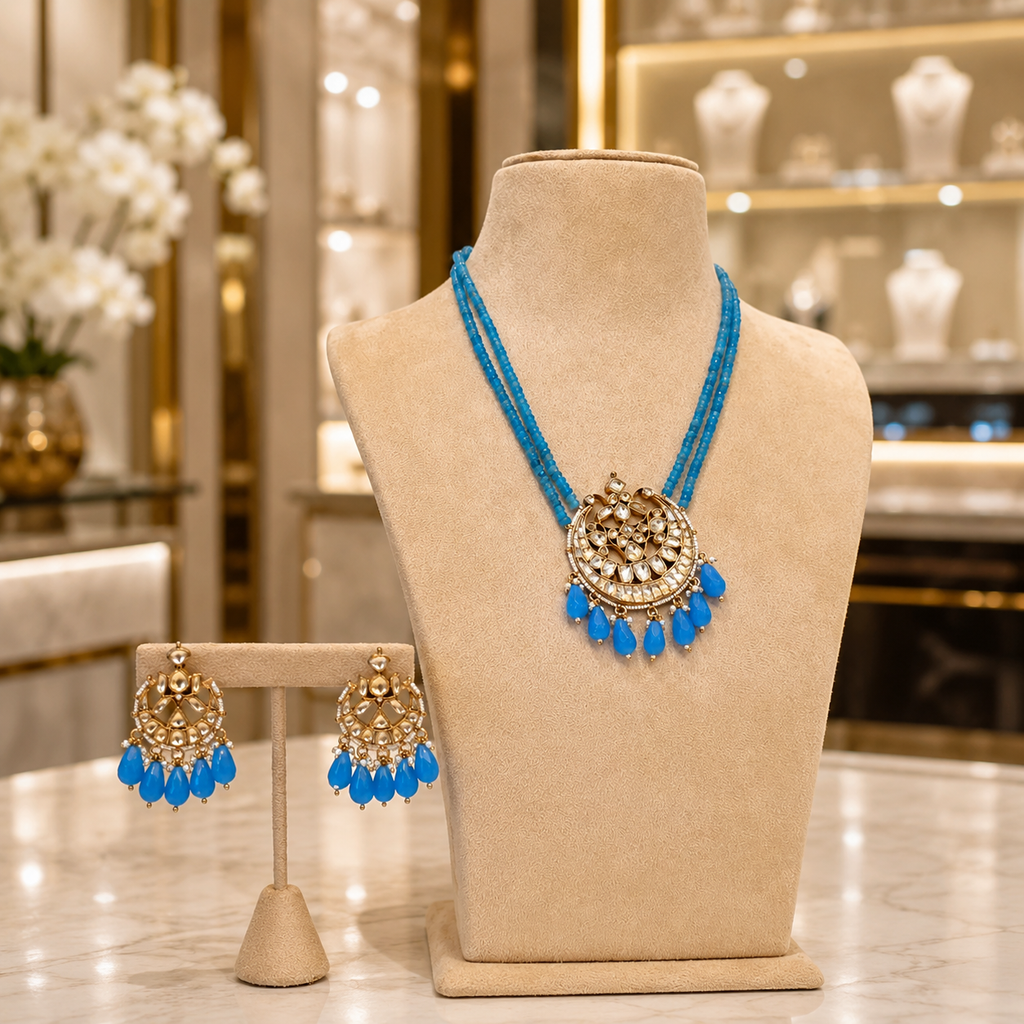 Royal Blue Beaded Kundan Pendant Necklace Set with Matching Earrings