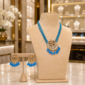 Royal Blue Beaded Kundan Pendant Necklace Set with Matching Earrings