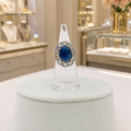 Silver-Tone Blue Stone Floral Statement Ring with Crystal Halo