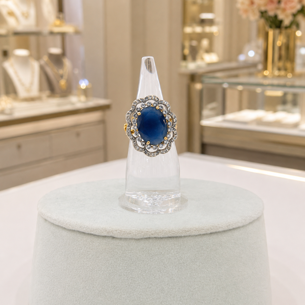 Silver-Tone Blue Stone Floral Statement Ring with Crystal Halo