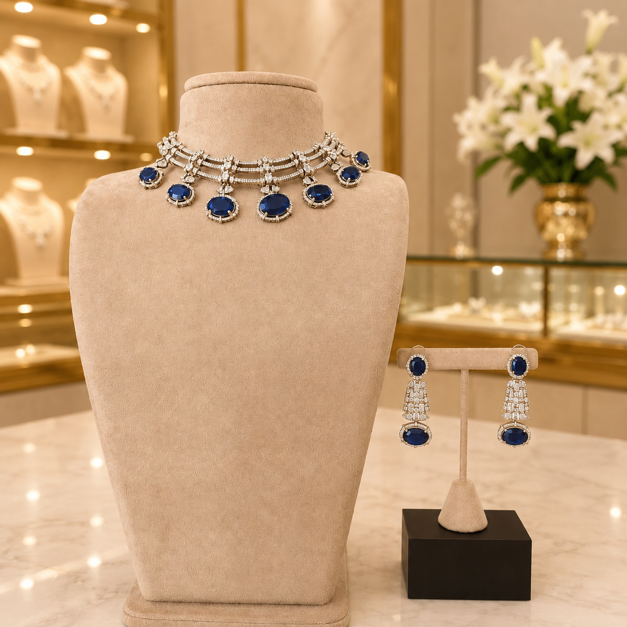 Royal Blue Stone Choker Necklace Set with Matching Earrings