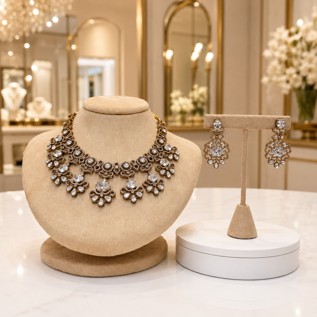 Royal Gold Crystal Statement Necklace & Earrings Set – Bridal Luxury Collection