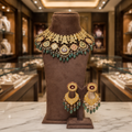 Royal Gold Kundan Choker Necklace Set with Green Bead Drops and Matching Earrings