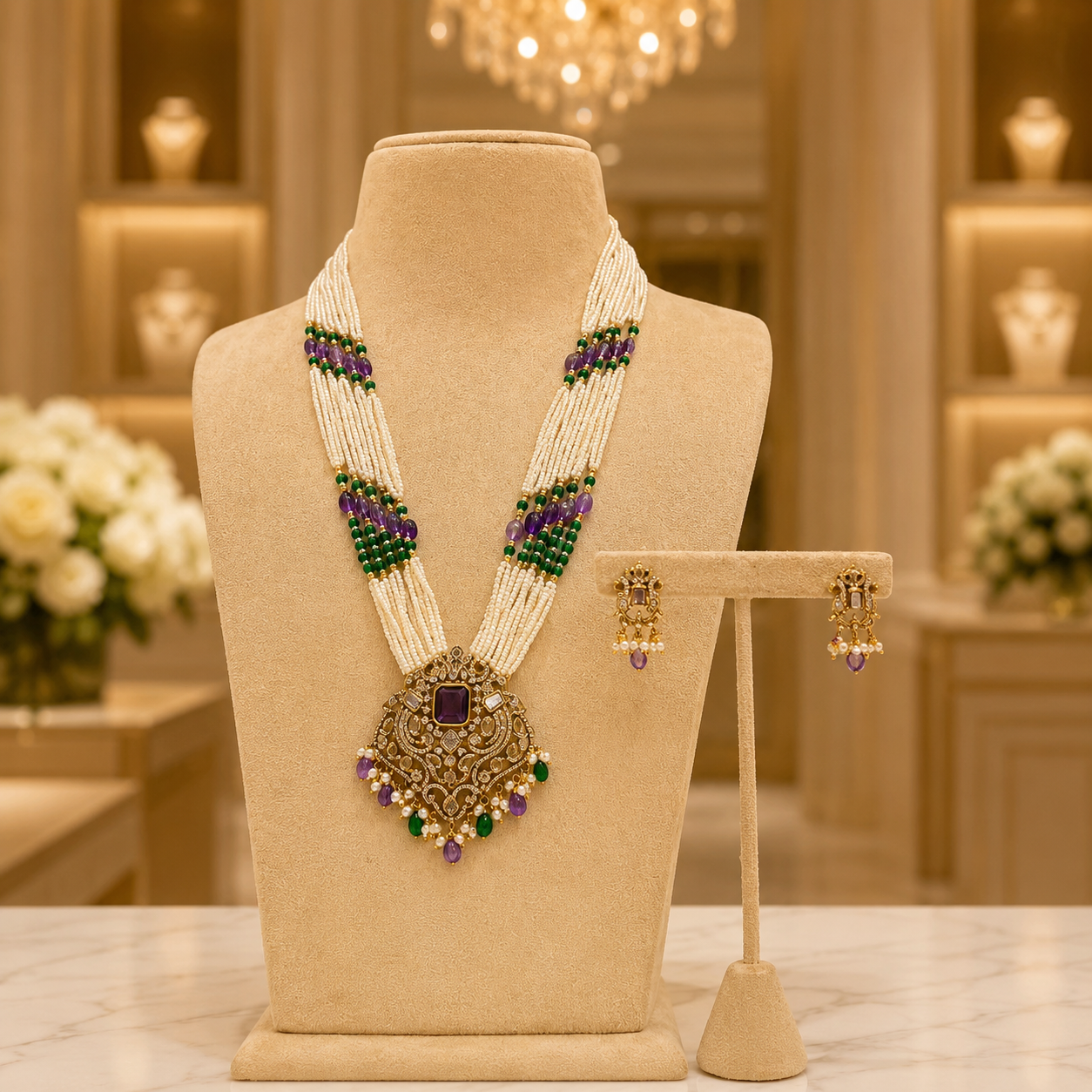 Royal Pearl Mala with Amethyst and Emerald Accents