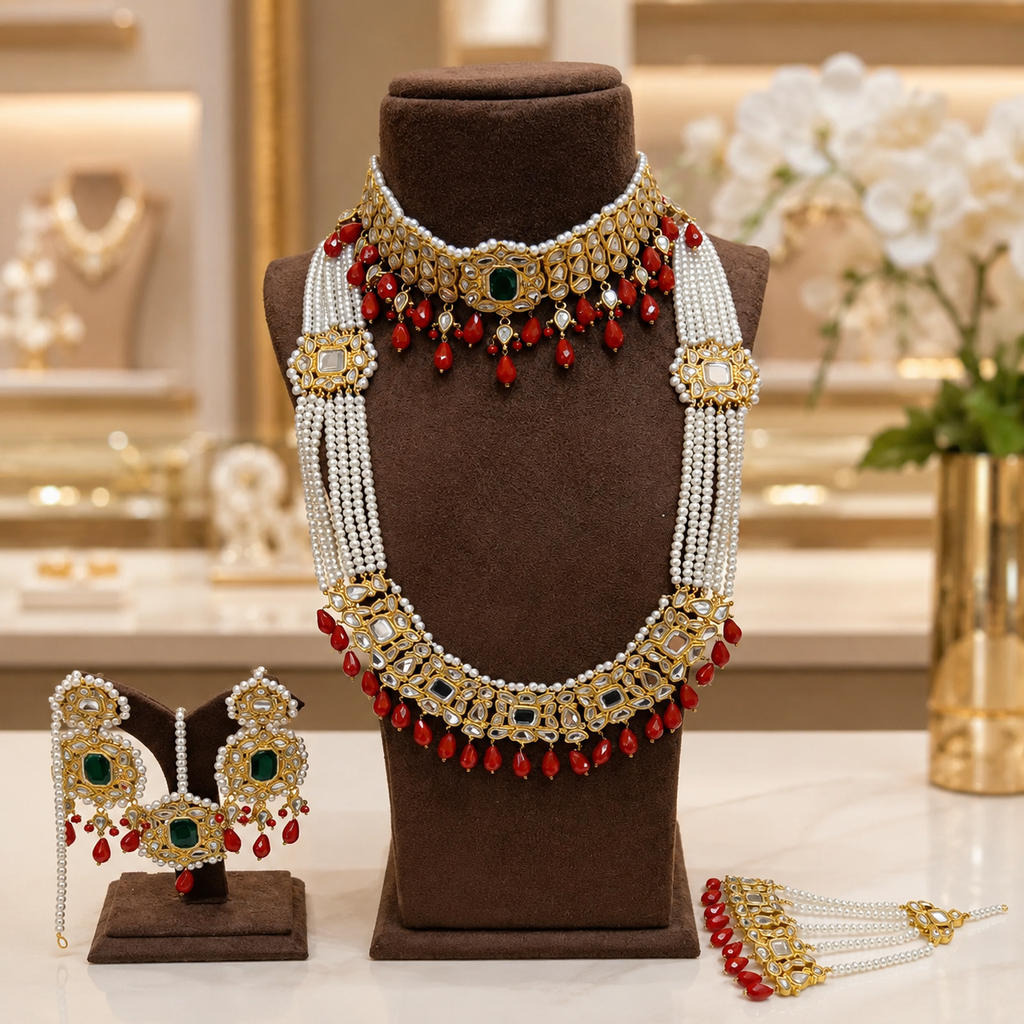 Royal Pearl & Ruby Bridal Haar Set