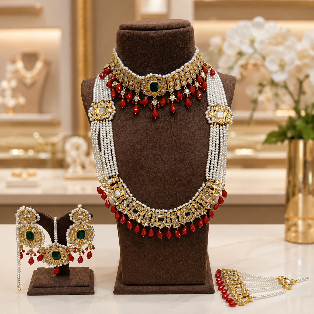 Royal Pearl & Ruby Bridal Haar Set