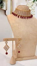 Ruby Bead Gold Crystal Choker Set with Diamond Drop Earrings