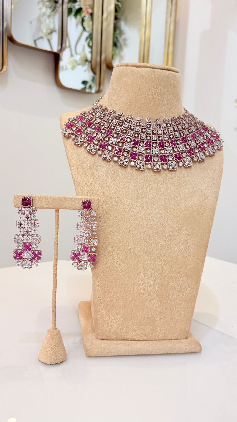 Ruby Pink Floral Diamond Choker Set with Matching Earrings